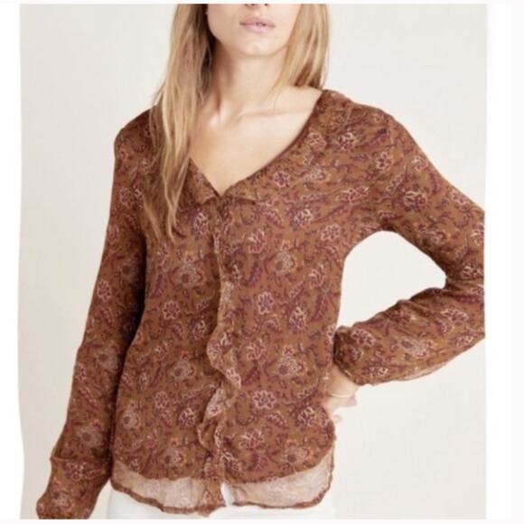 NWT Louise Misha Anthropologie Loreta Silk Brown Blouse 38 - Picture 1 of 7